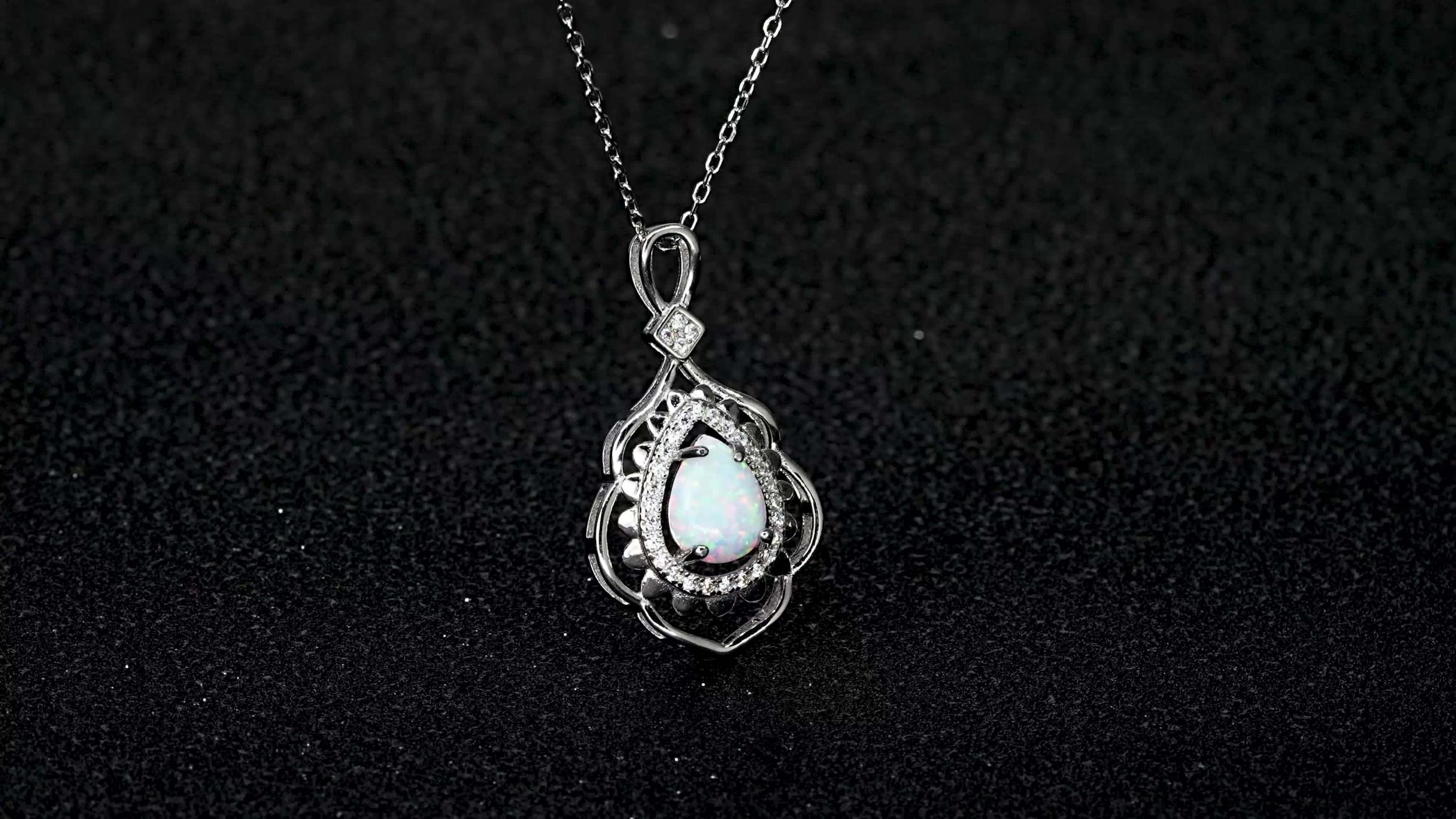 925 Silver Opal Pendant Necklace with Zirconia Studded - Bohemian Vintage Style